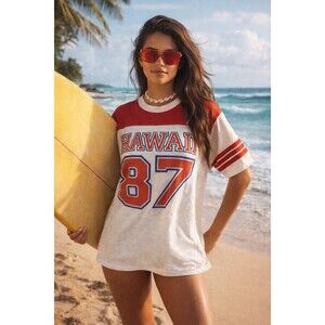 Authentic Vintage 80s Hawaii Ringer Jersey Tee Red White Blue Single Stitch Sz L